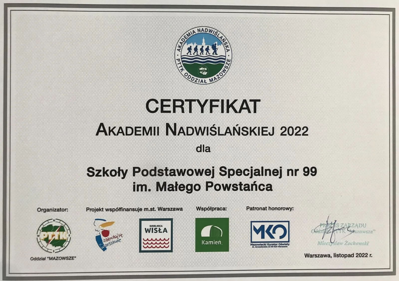 Certyfikat Akademii Nadwiślańskiej