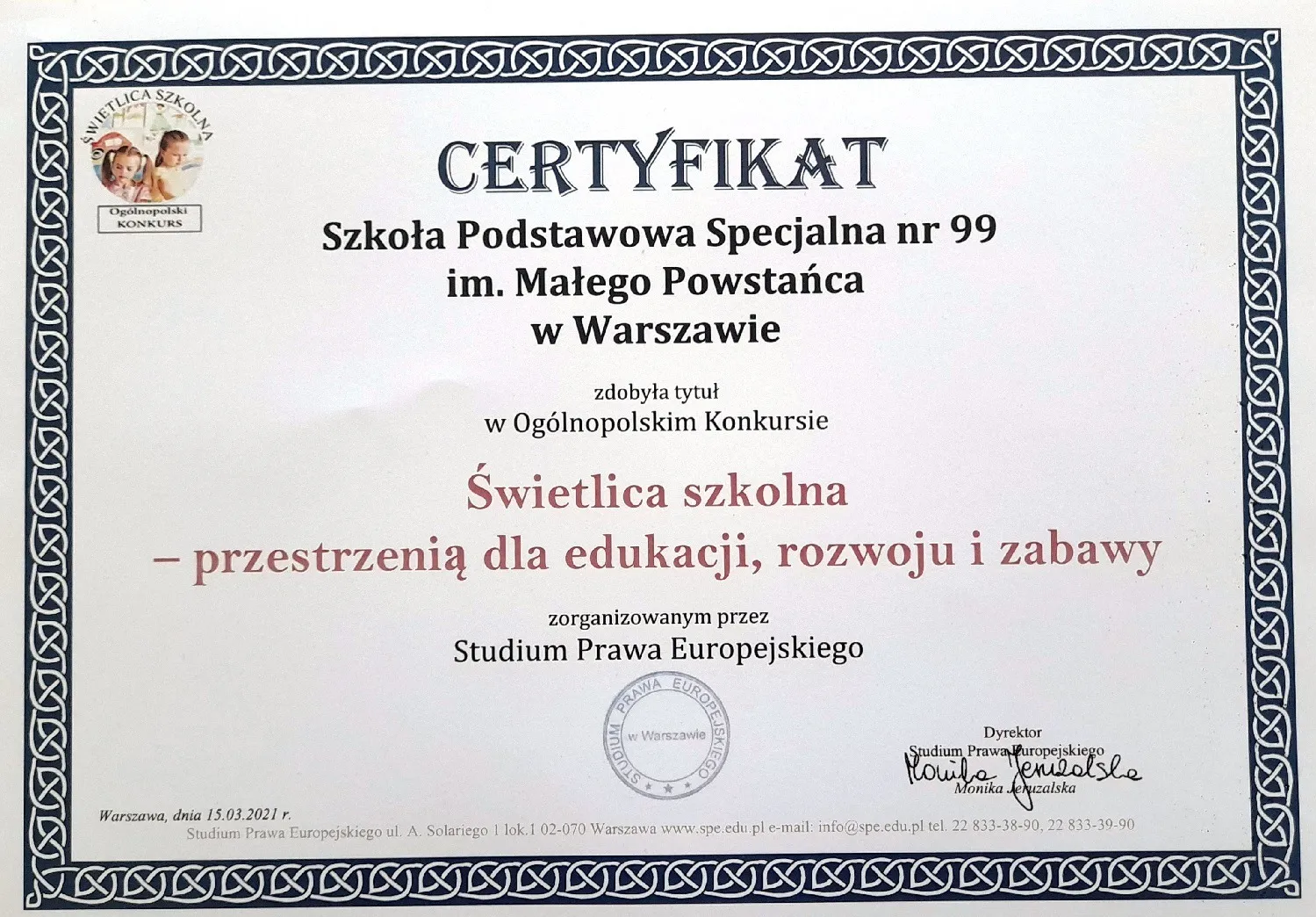 Certyfikat Świetlica szkolna